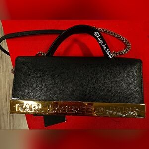 Karl Lagerfeld Black Kosette Wallet Shoulder Bag with Goldtoned Chain & Handle